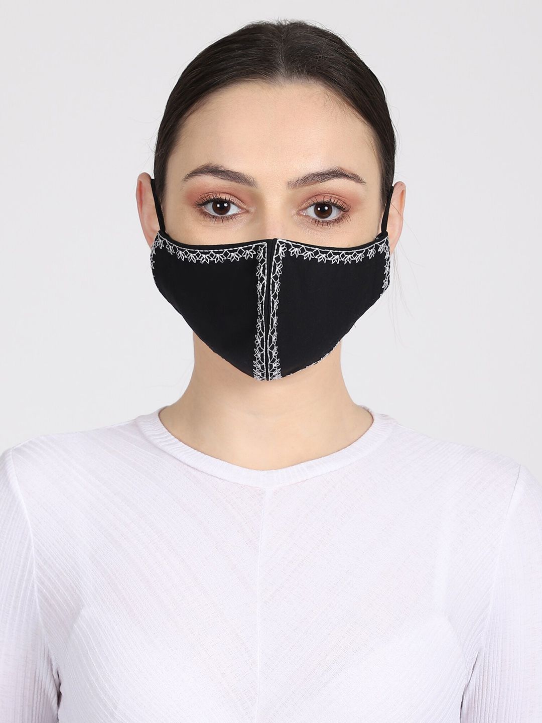 Anekaant Women Black & White Embroidered 3-Ply Reusable Cloth Mask Price in India