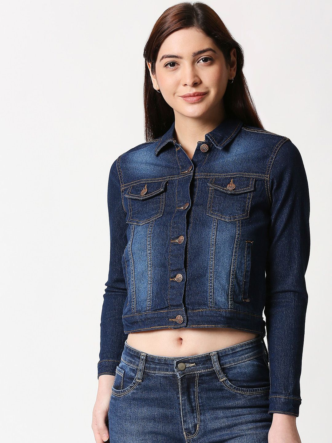 High Star Women Navy Blue Washed Crop Denim Jacket Price in India