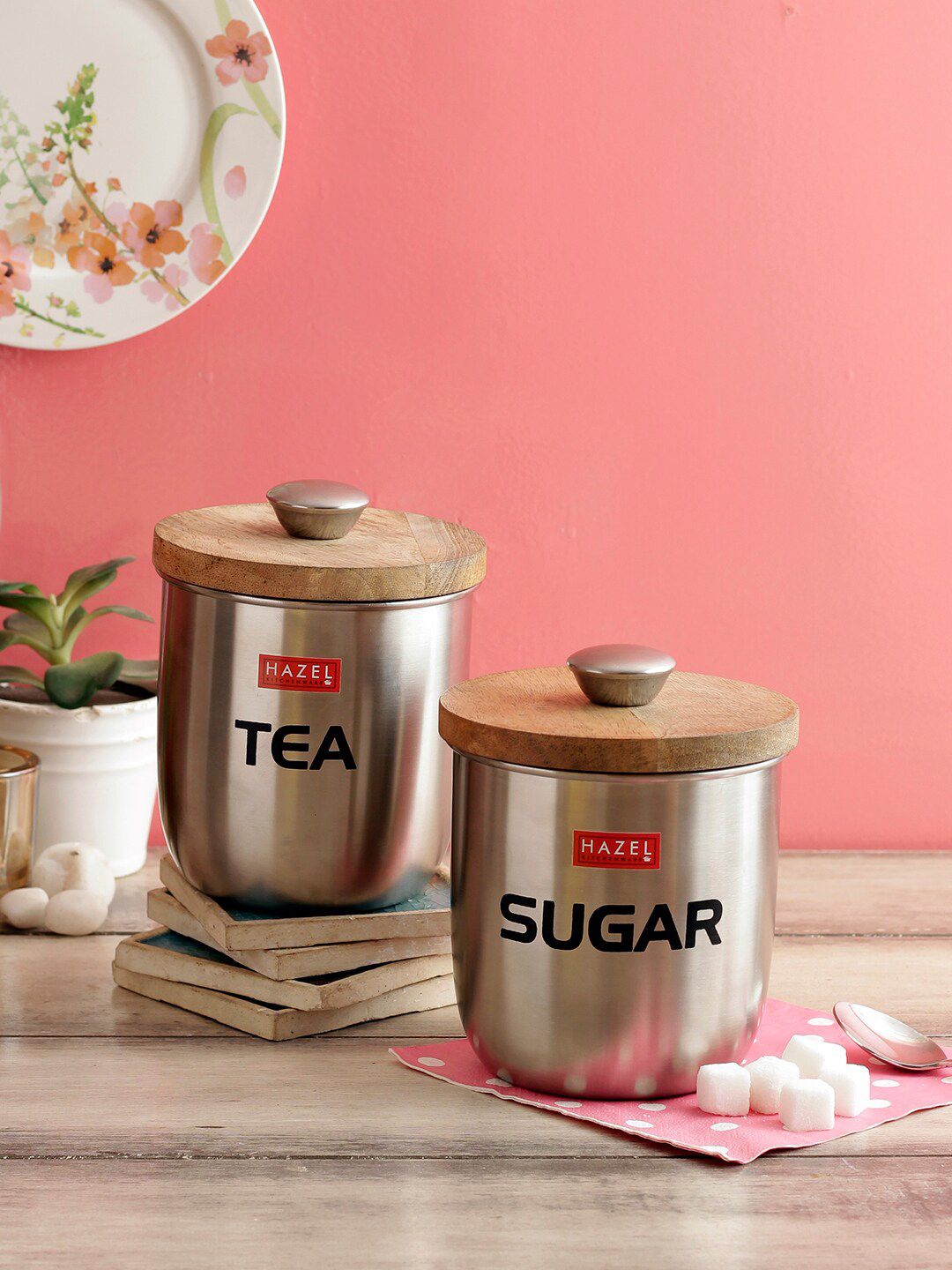 HAZEL Set Of 2 Silver-Toned & Brown Stainless Steel Tea Sugar Storage Canister With Wooden Lid Price in India