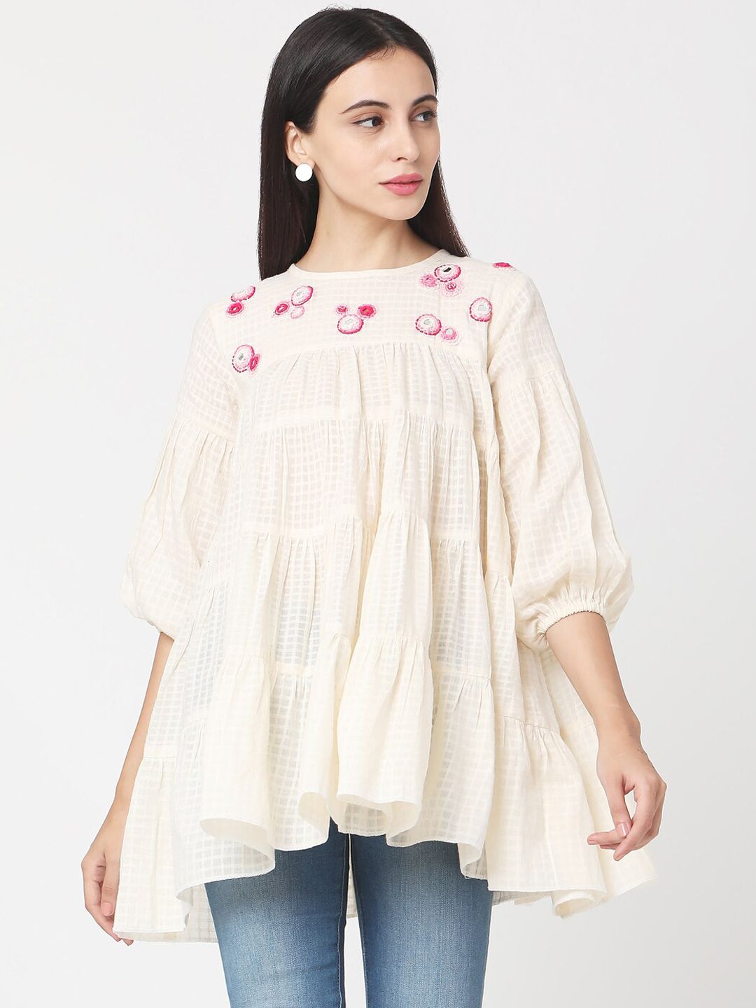 Saanjh Women Off White & Pink Embroidered Tunic Price in India