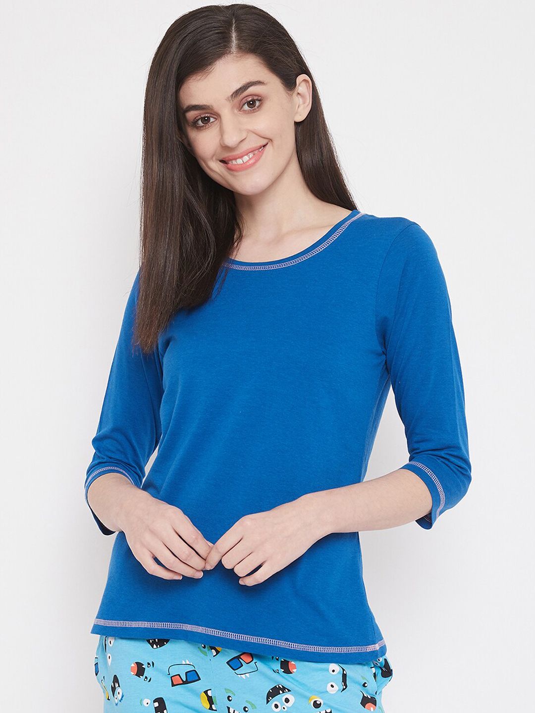 Clovia Women Blue Solid Lounge T-shirt Price in India