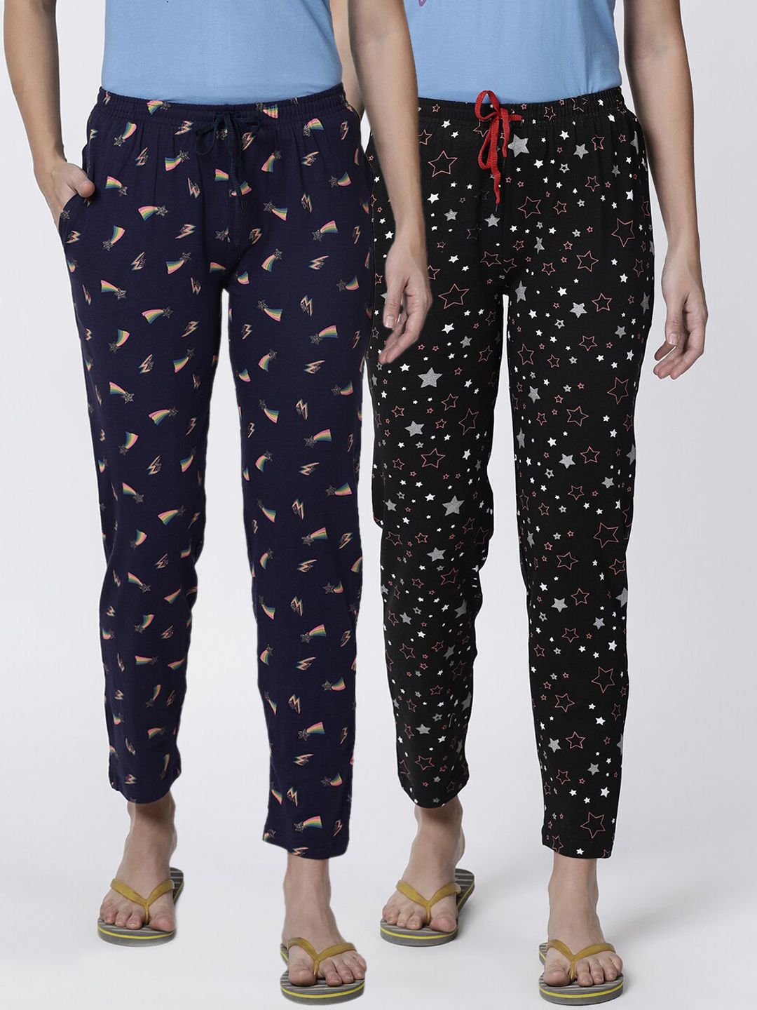 Kryptic Women Navy Blue & Black Pack of 2 Printed Cotton Lounge Pants Price in India