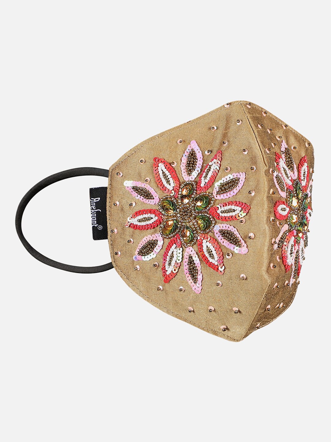 Anekaant Women Beige & Red Embellished 3-Ply Cloth Mask Price in India