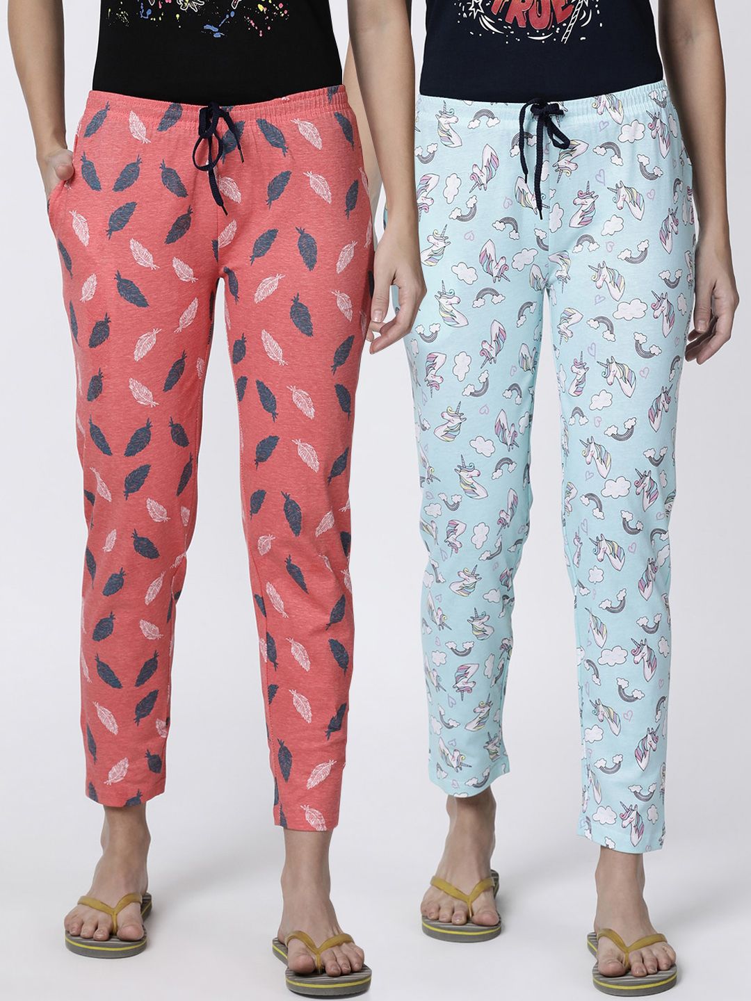 Kryptic Women Peach & Blue Pack of 2 Printed Lounge Pants Price in India