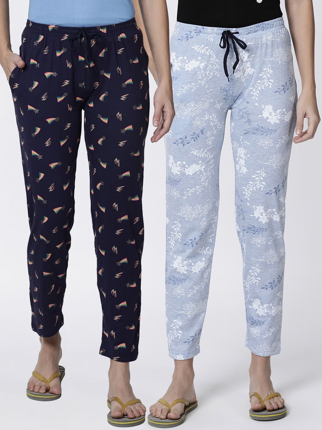 Kryptic Women Pack Of 2 Blue & White Printed Lounge Pants Price in India
