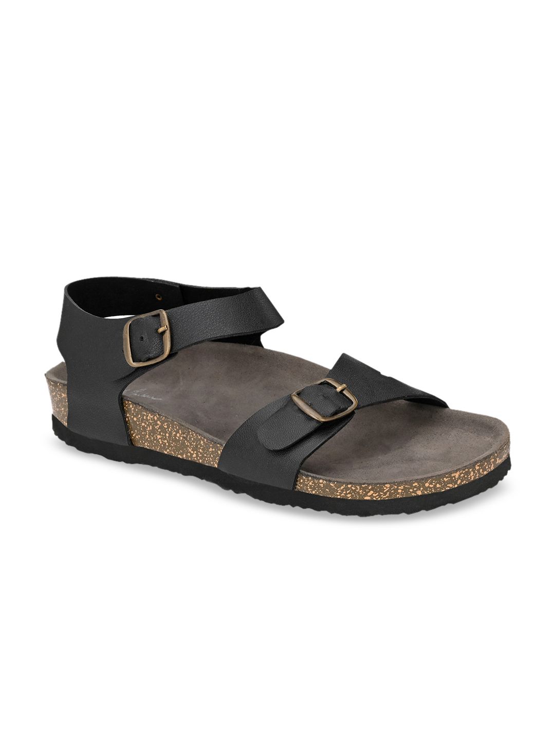 Mast & Harbour Men Black & Brown Solid Leather Comfort Sandals