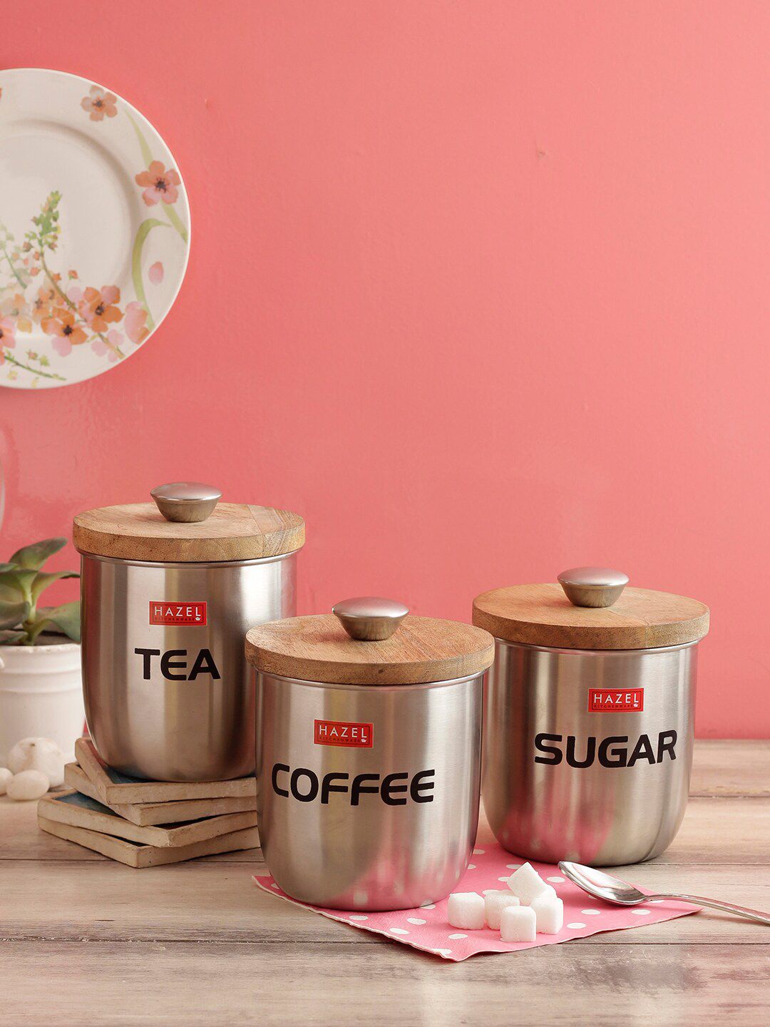 HAZEL Set Of 3 Silver-Toned & Brown Stainless Steel Tea Sugar Coffee Storage Canister With Wooden Lid Price in India