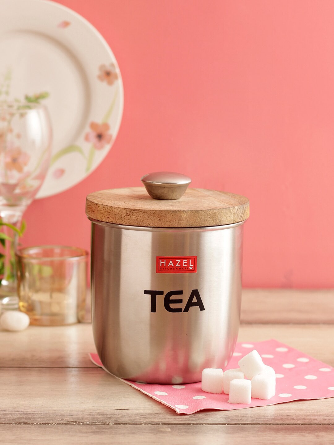 HAZEL Silver-Toned & Brown Stainless Steel Tea Storage Canister With Wooden Lid Price in India