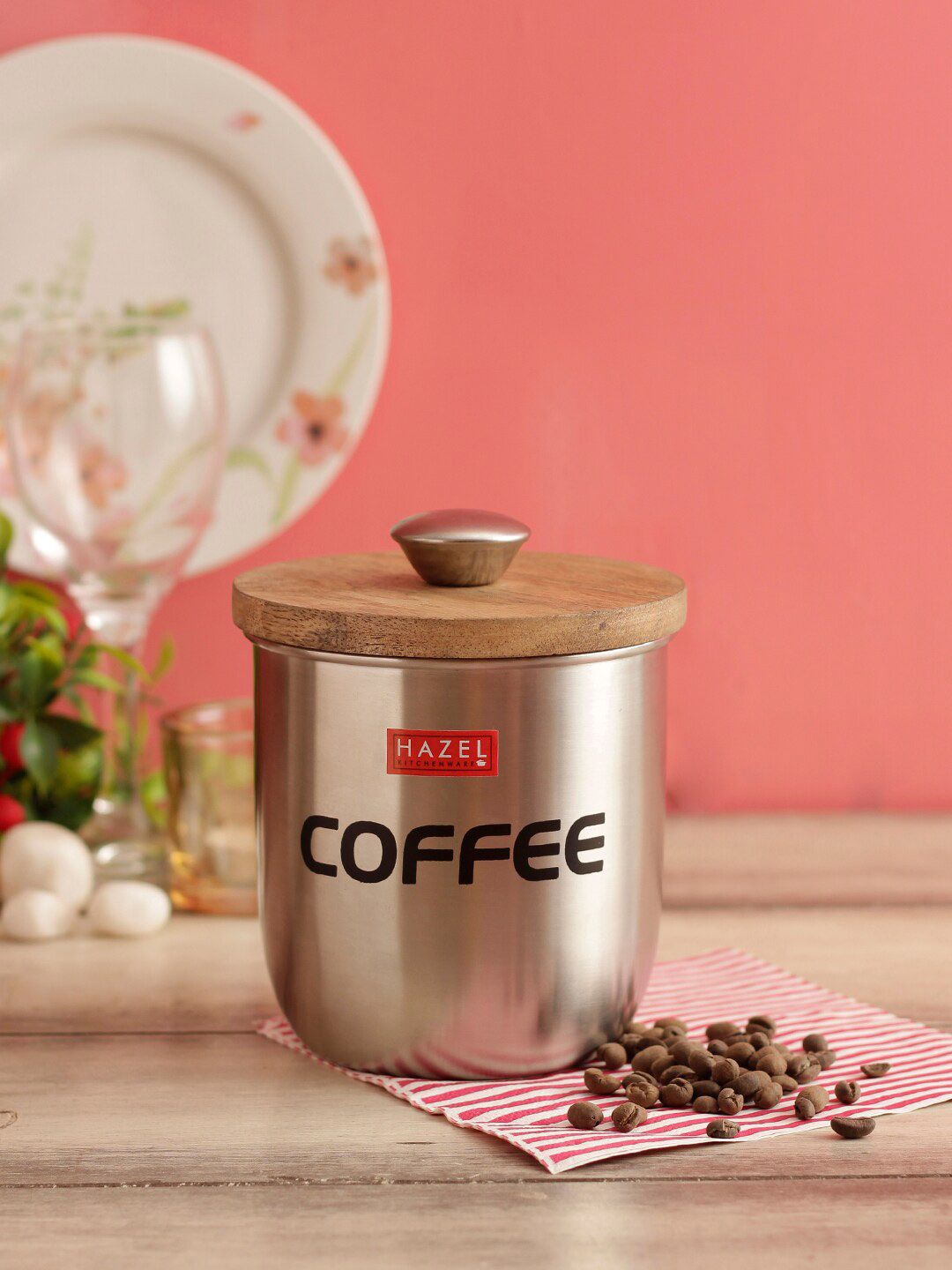 HAZEL Silver-Toned & Brown Stainless Steel Coffee Storage Canister With Wooden Lid Price in India