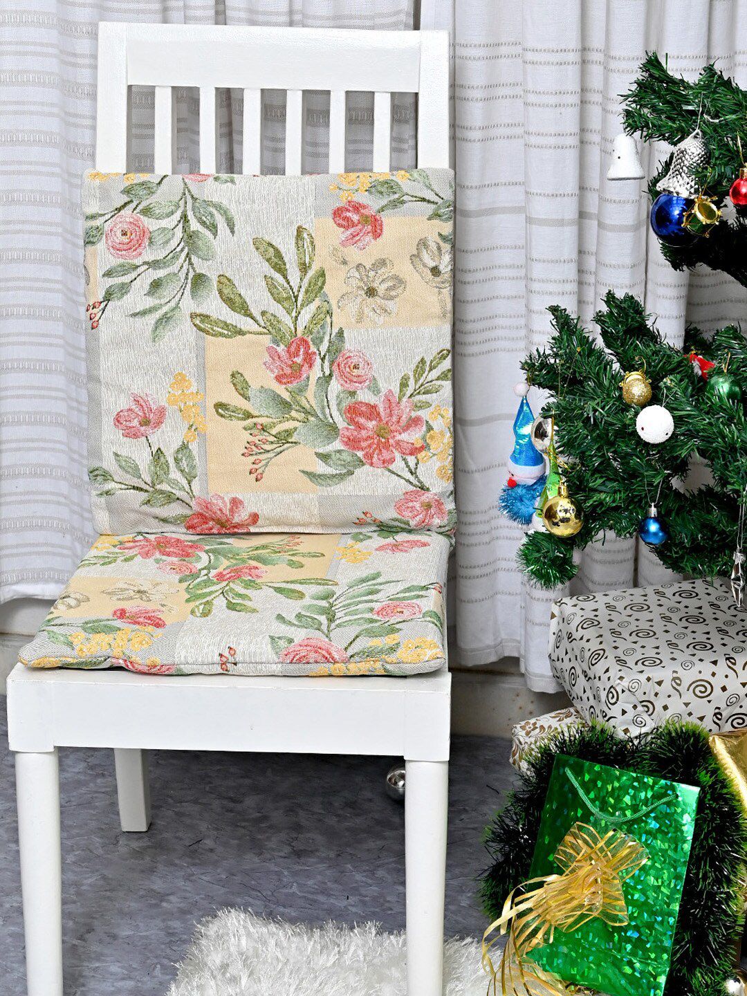 AVI Living Set Of 2 Grey & Yellow Floral Chair Pads With Loops Price in India
