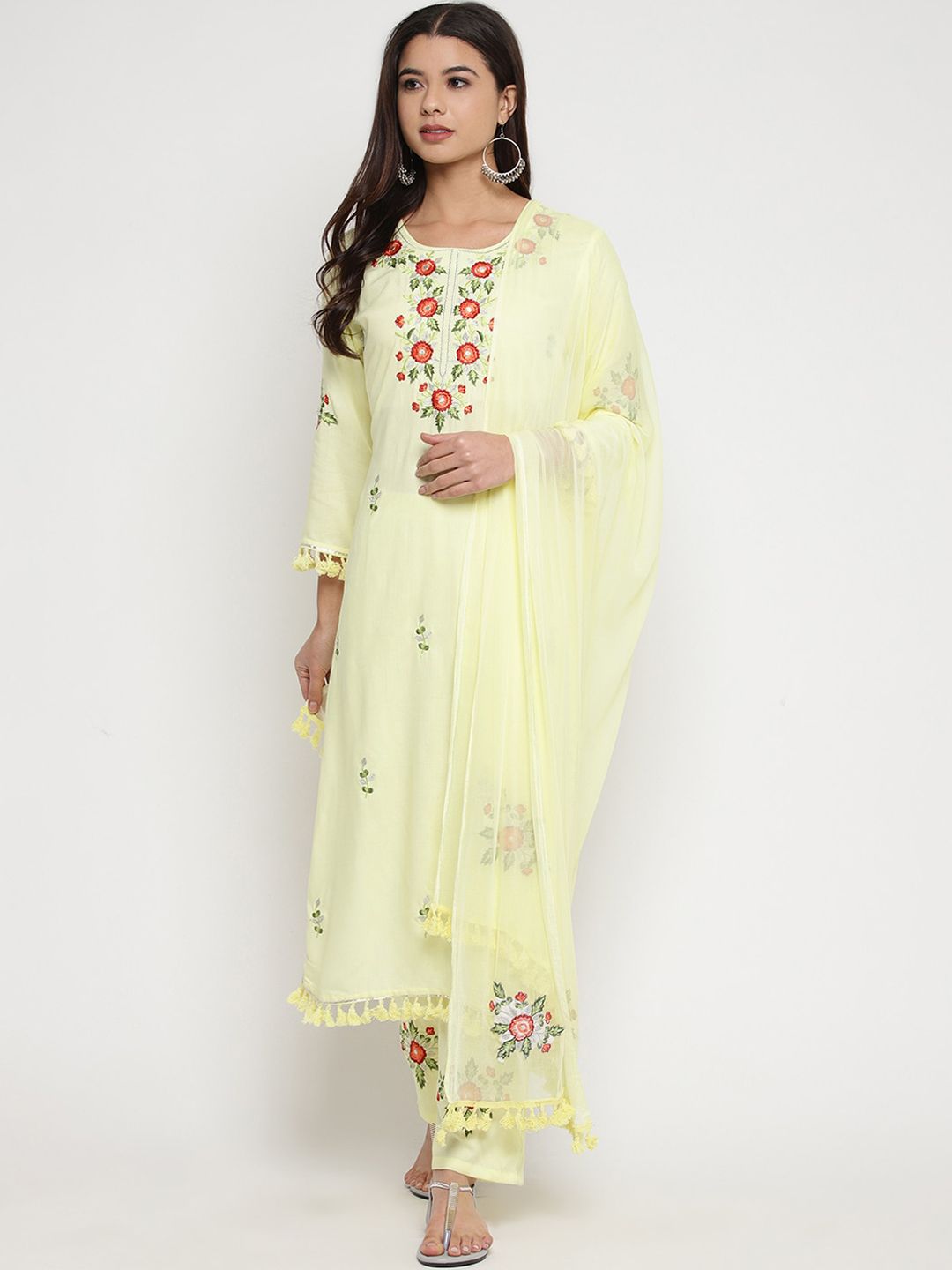 Prakhya Women Yellow Embroidered Kurta with Trousers & Dupatta Price in India