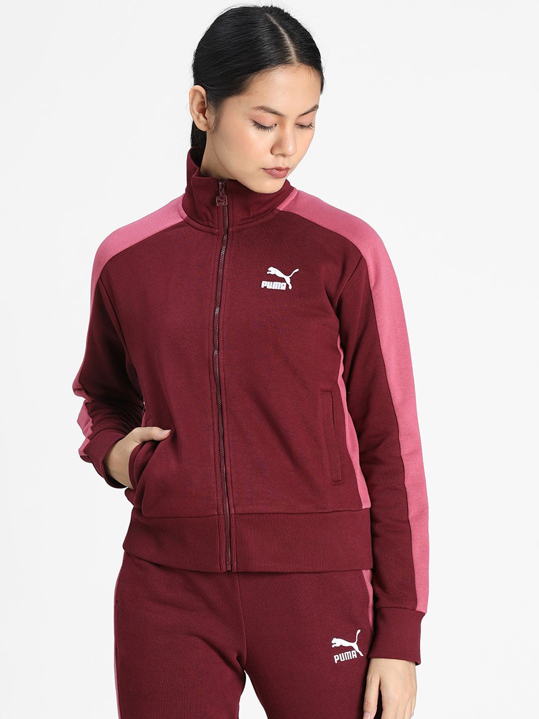 Puma Women Maroon Solid Sporty Jacket Price in India