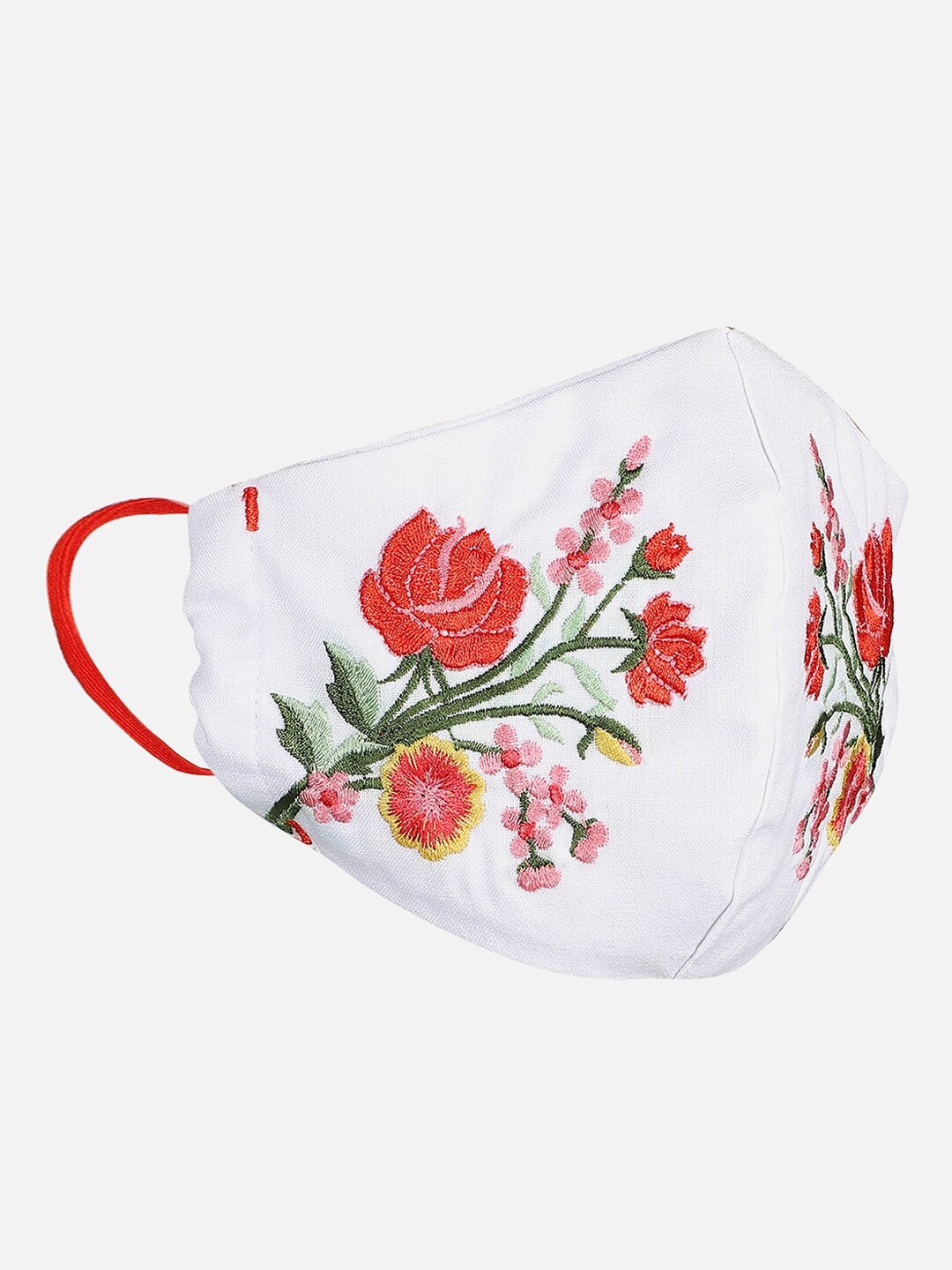 Anekaant Women White & Red Floral Embroidered 3-Ply Reusable Cloth Mask Price in India