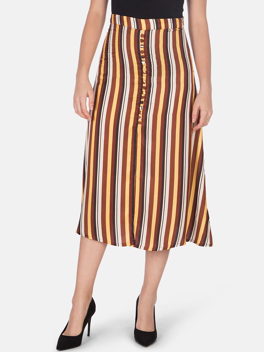 Smugglerz Women Brown & Beige Striped Maxi Flared Skirt