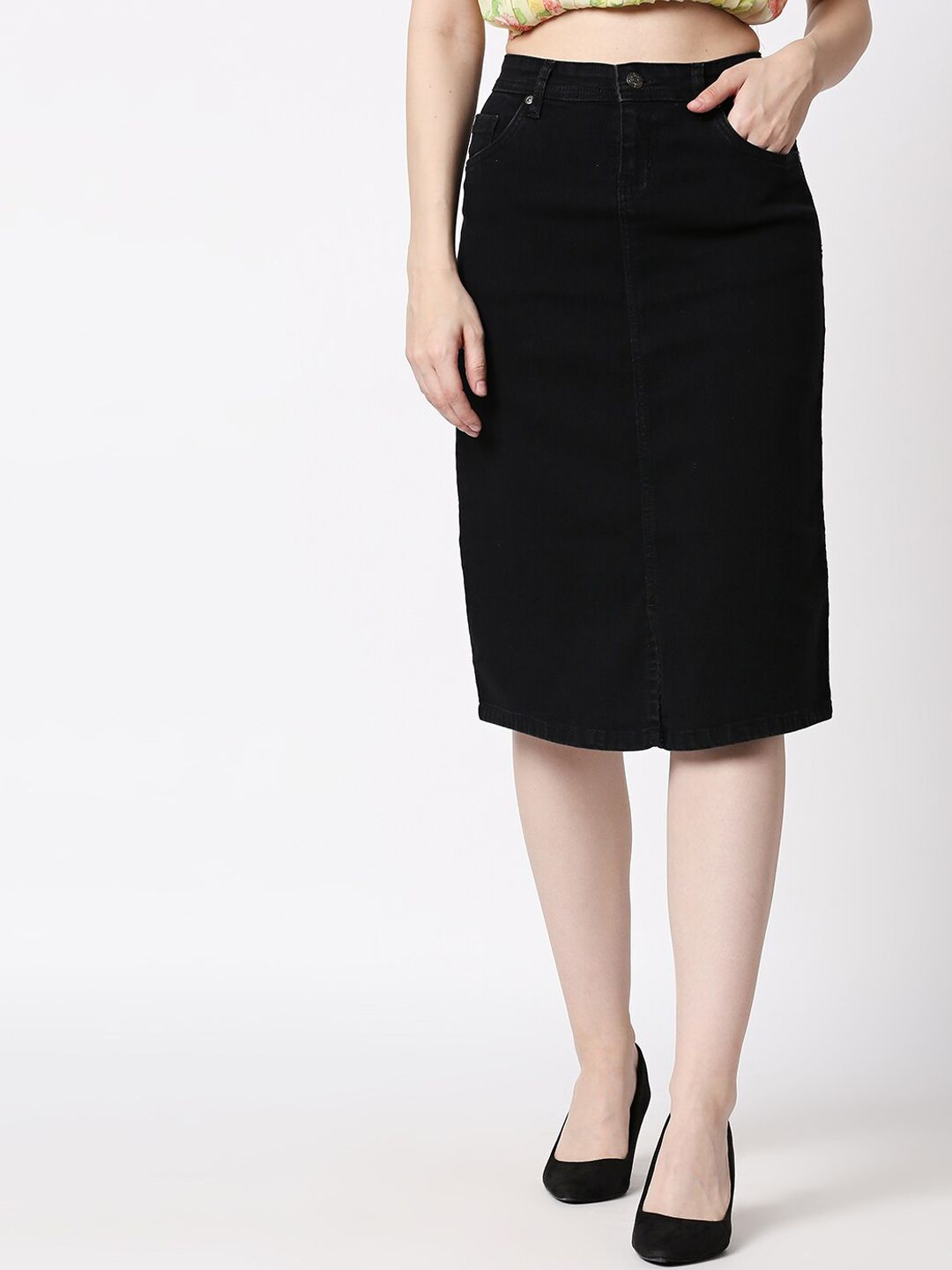 High Star Women Black Solid Denim Midi Straight Skirt