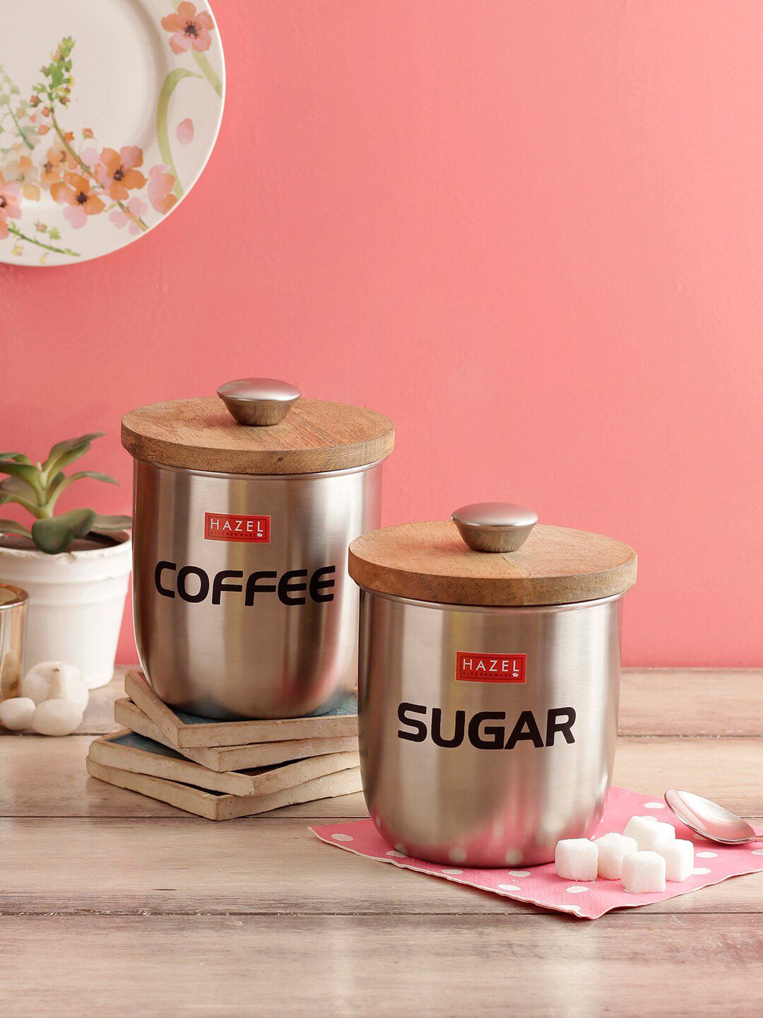 HAZEL Set Of 2 Silver-Toned & Brown Stainless Steel Coffee Sugar Storage Canister With Wooden Lid Price in India