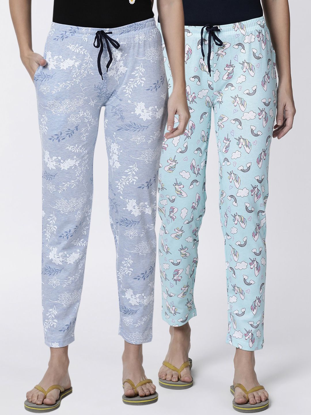 Kryptic Women Pack Of 2 Blue & White Printed Lounge Pants Price in India