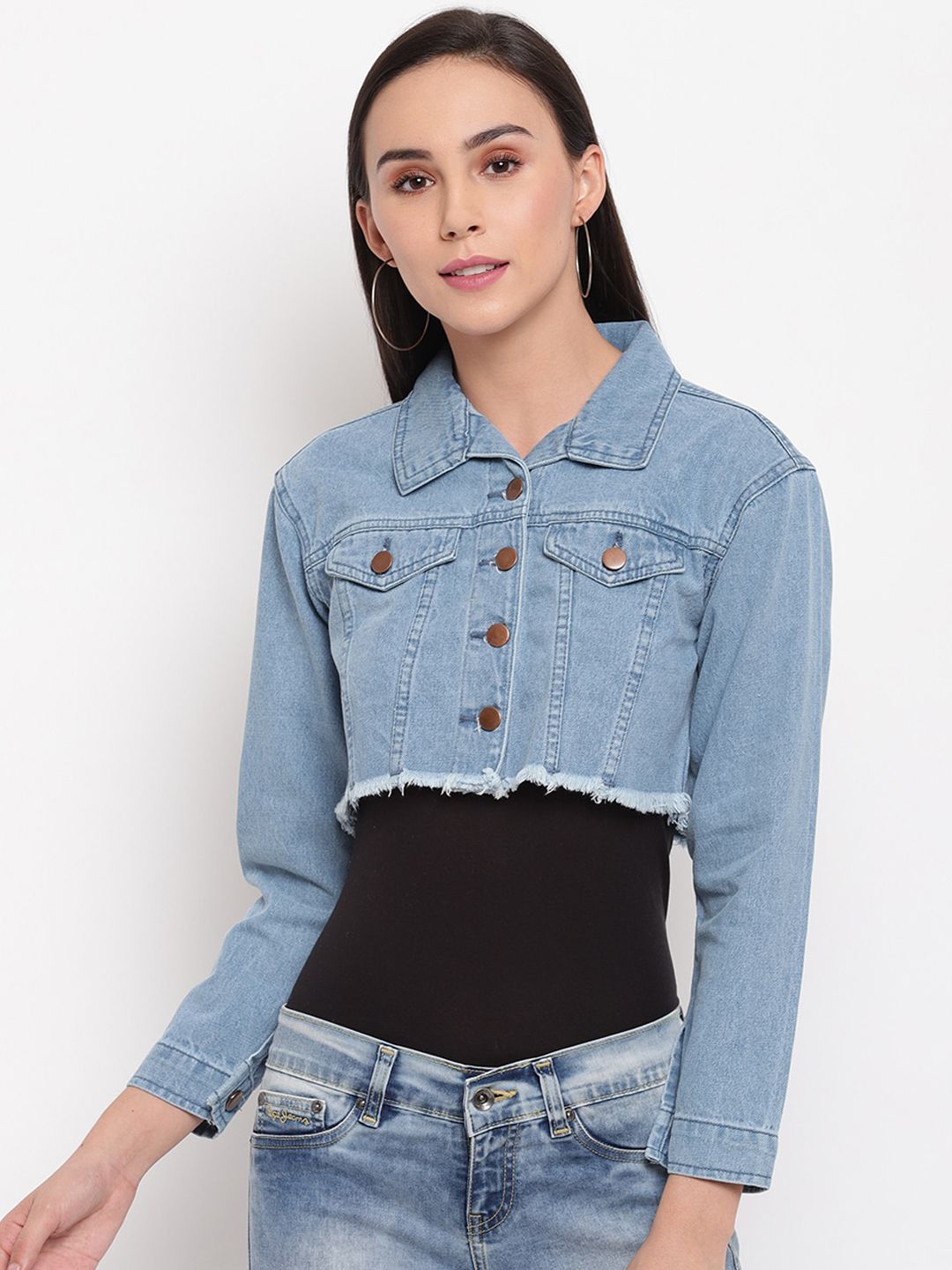 TALES & STORIES Women Blue Solid Crop Denim Jacket Price in India