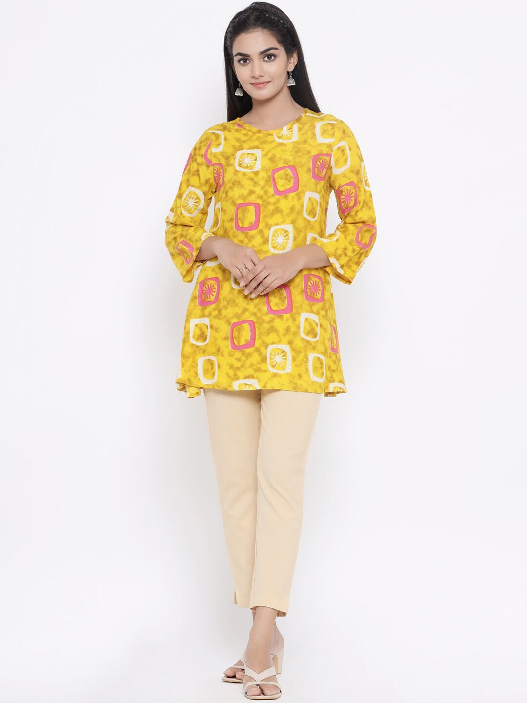 Fabriko Women Yellow & Beige Printed Top with Trousers Price in India