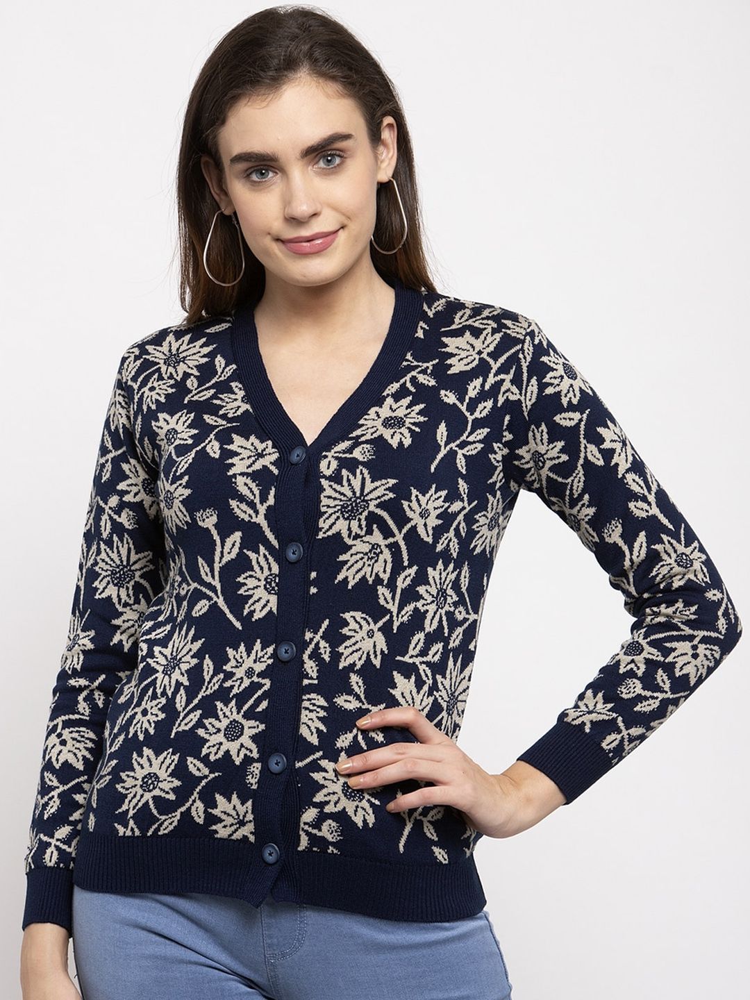 Kalt Women Navy Blue Floral Printed Cardigan Sweater Price in India