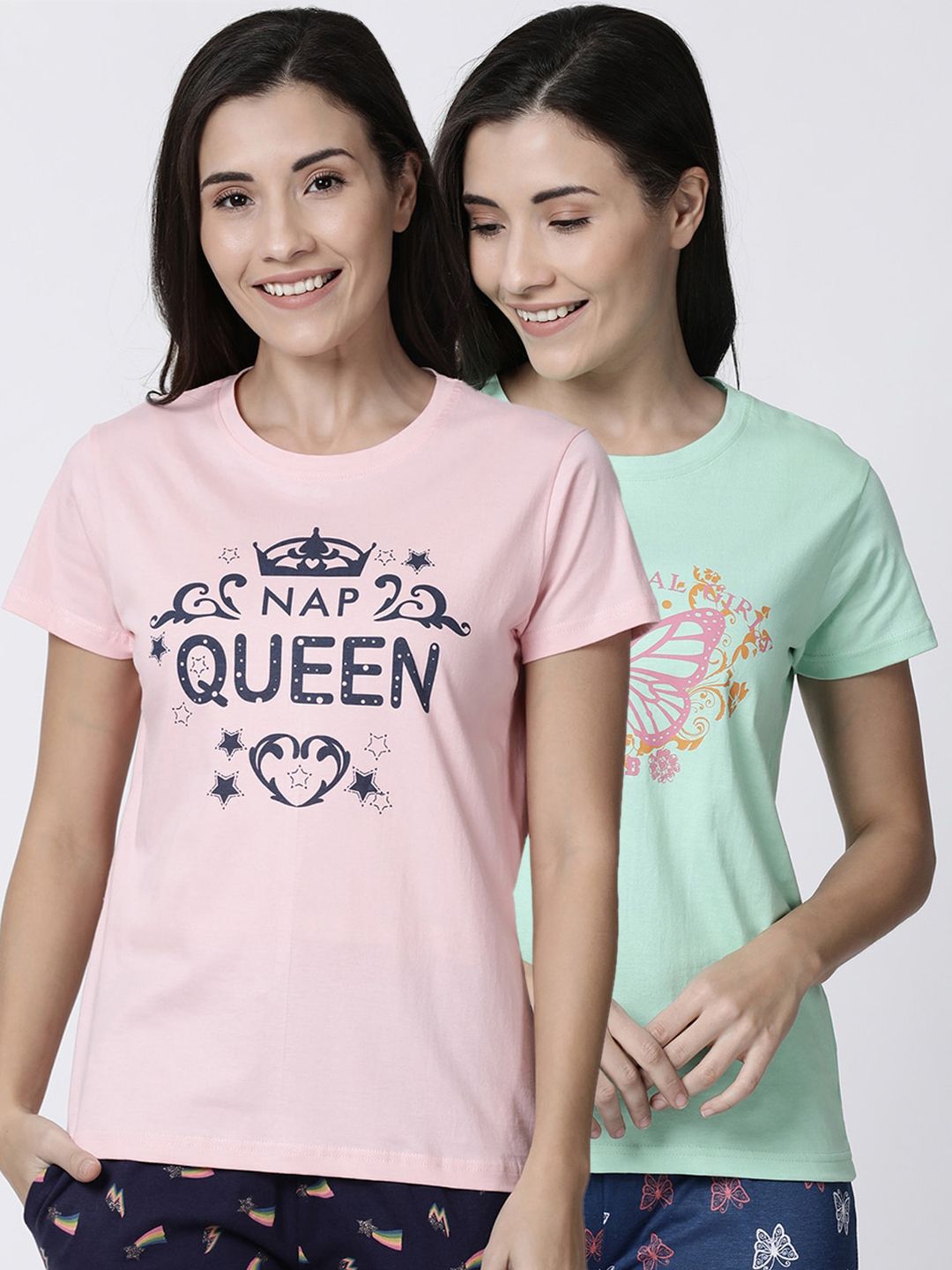 Kryptic Women Pack Of 2 Green & Pink Printed Lounge T-Shirts Price in India