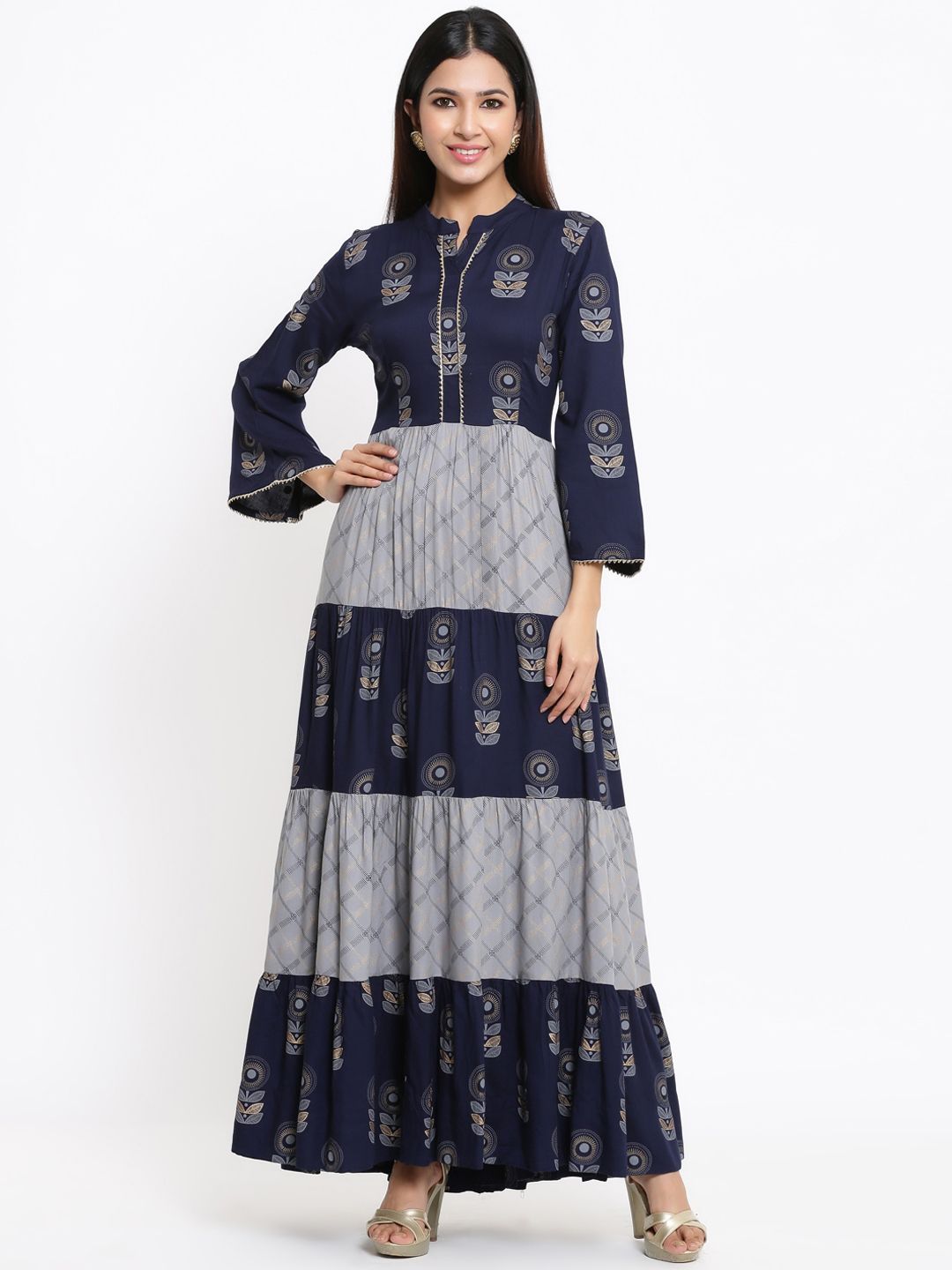 Indian Virasat Women Navy Blue Printed Maxi Dress