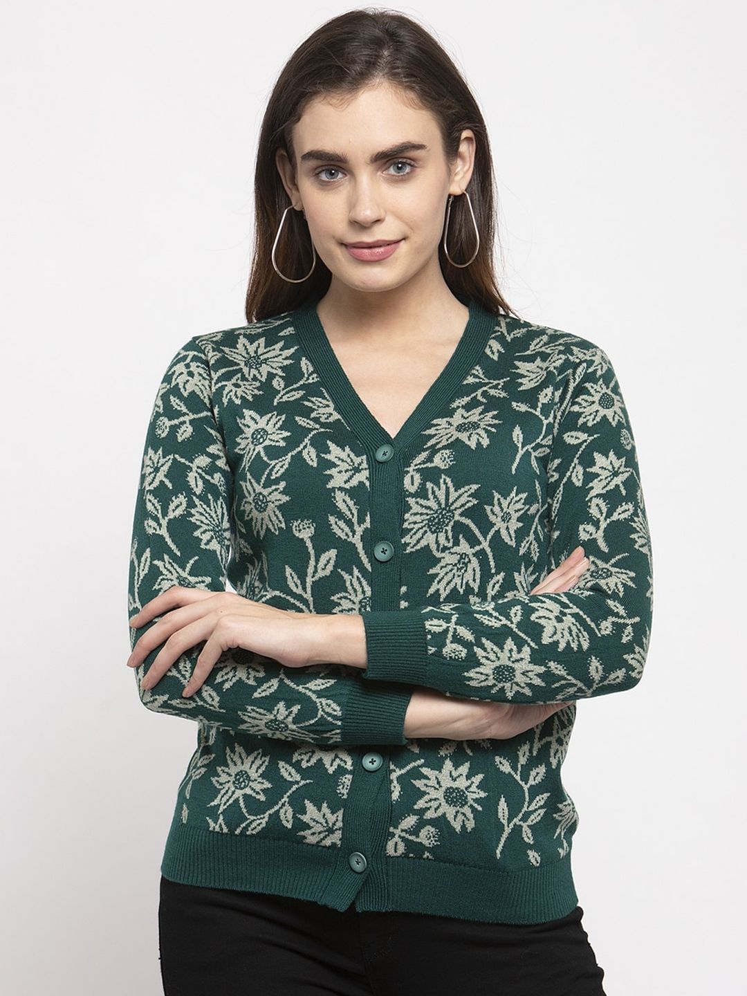 Kalt Women Green Self Design Cardigan Sweater Price in India