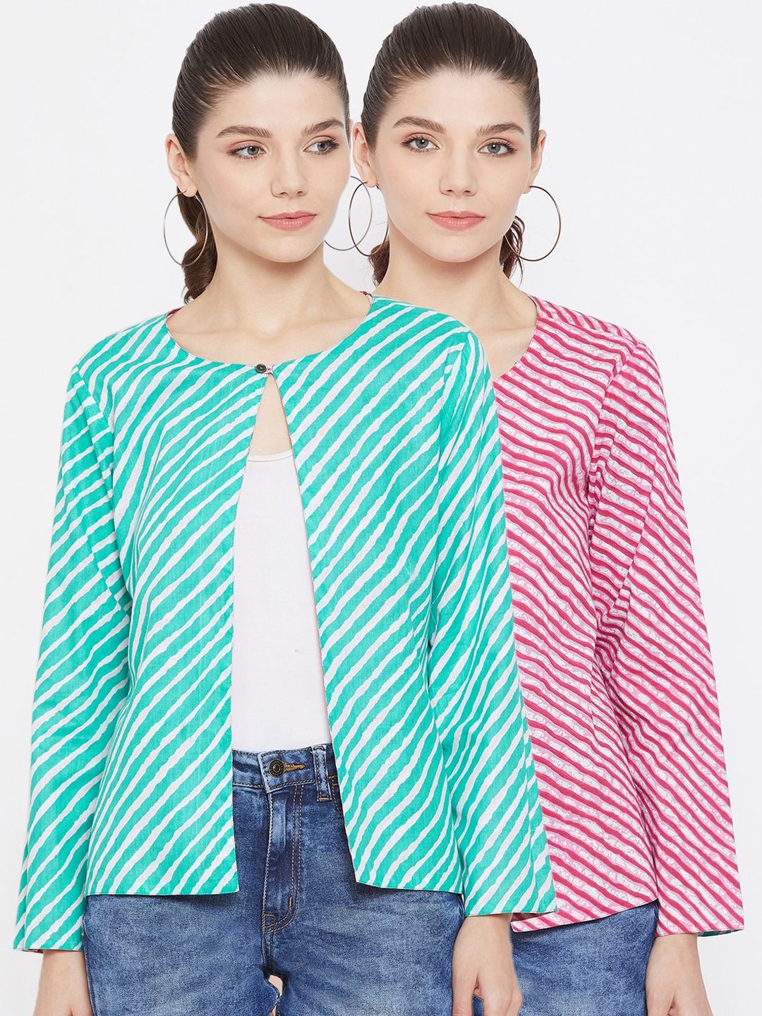 Color Cocktail Women Pink & Green Striped Reversible Tailored Jacket Price in India