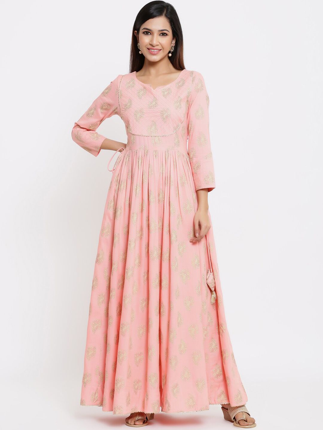 Indian Virasat Women Peach-Coloured Printed Maxi Dress