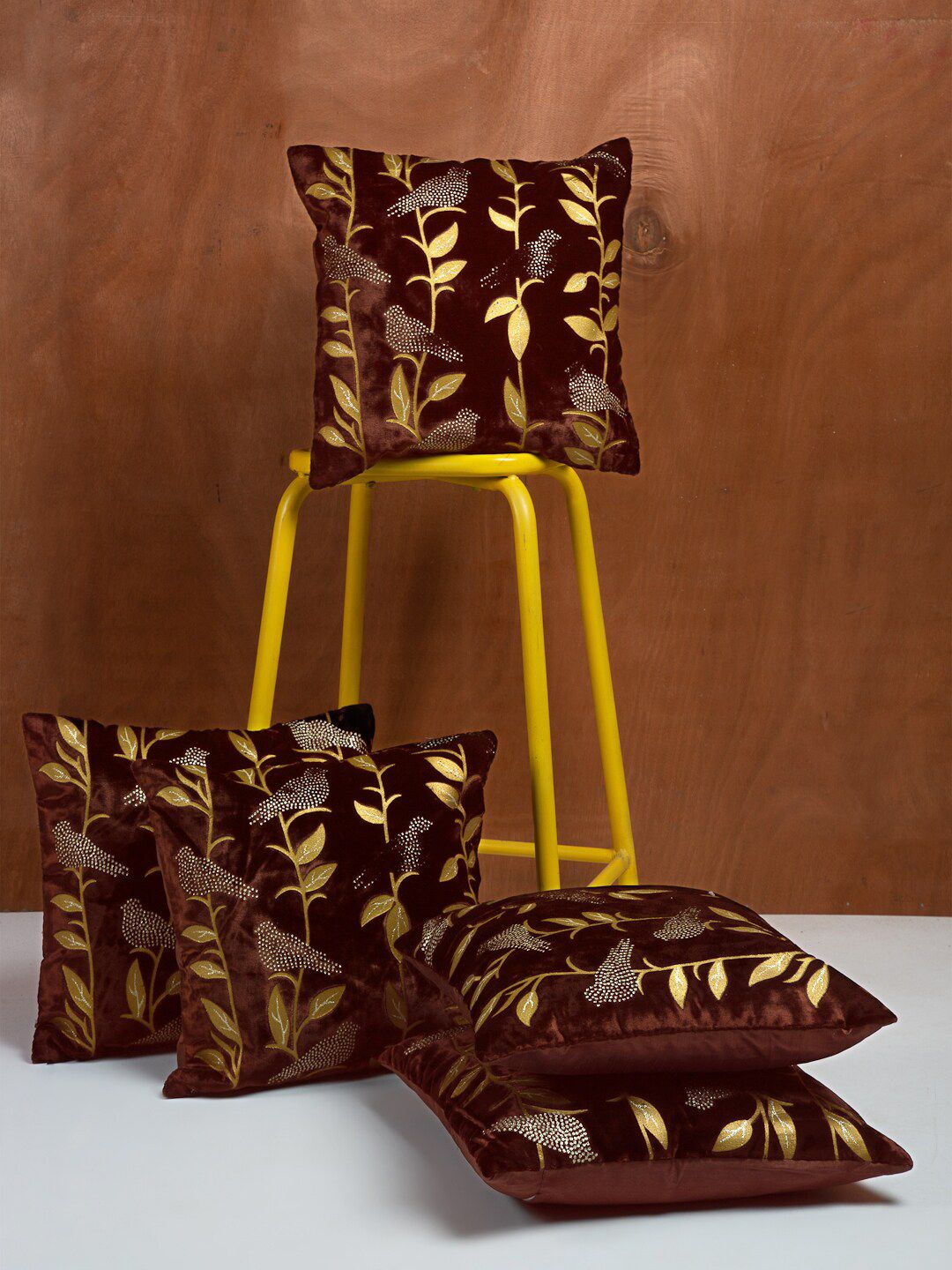 HOSTA HOMES Set of 5 Brown & Gold-Toned Quirky Square Cushion Covers Price in India