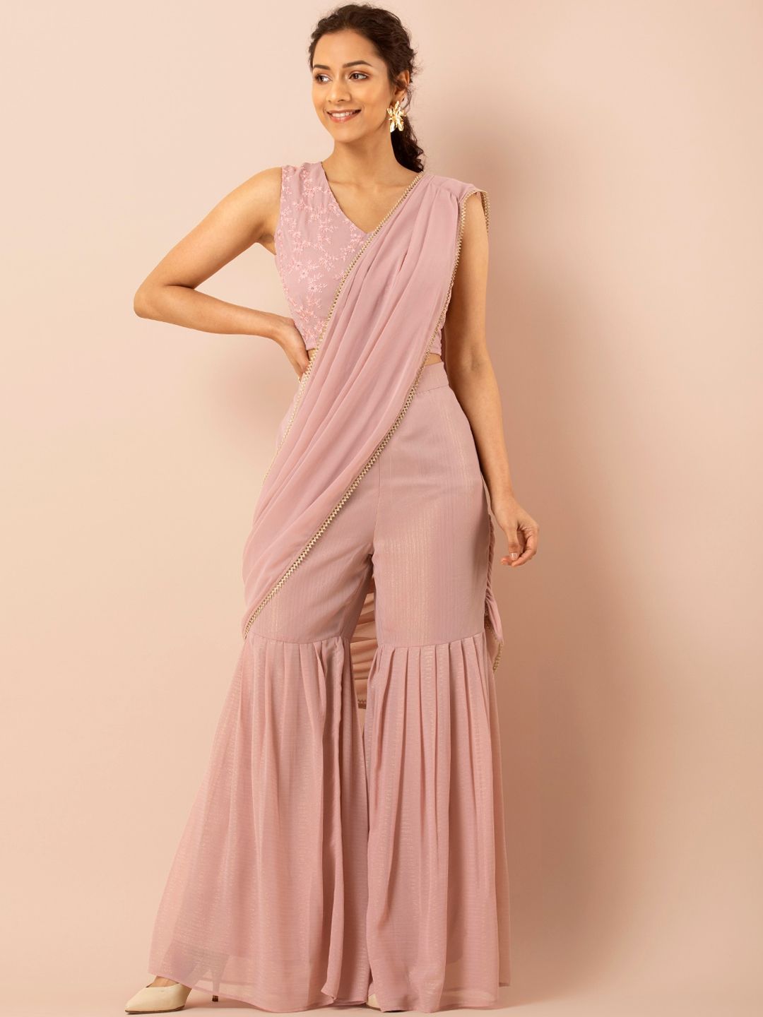 INDYA Women Pink Solid Flared Palazzos with Attached Dupatta Price in India
