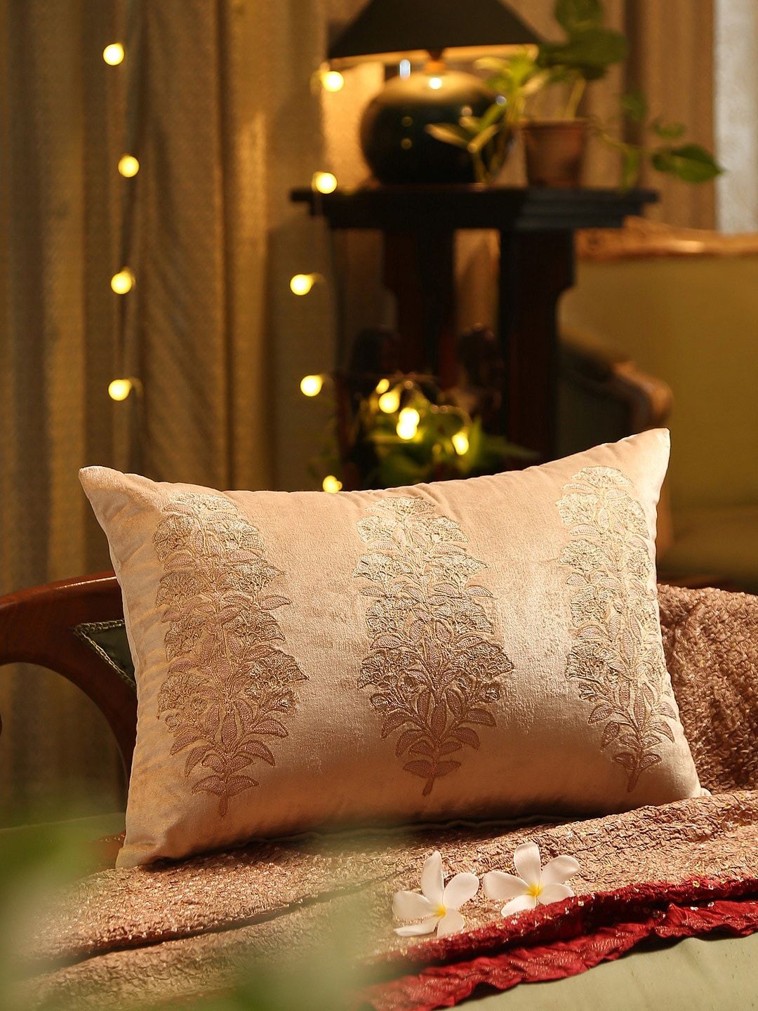 Amoliconcepts Beige Embroidered Cushion Cover Price in India