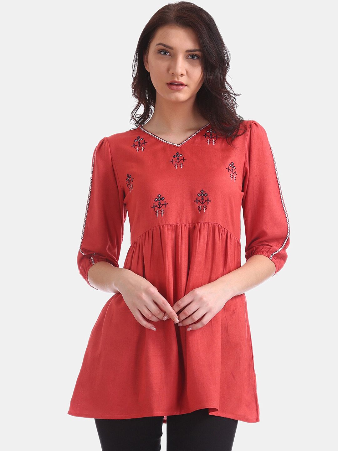 Bronz Women Coral Red V-Neck Embroidered Tunic Price in India