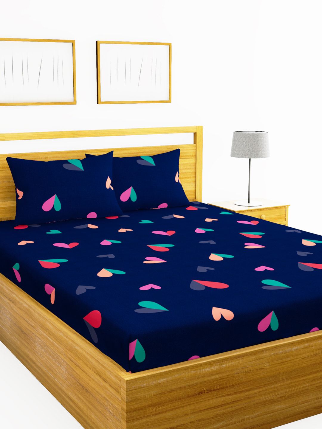 BIANCA Navy Blue Abstract 152 TC Polyester 1 Queen Bedsheet with 2 Pillow Covers Price in India