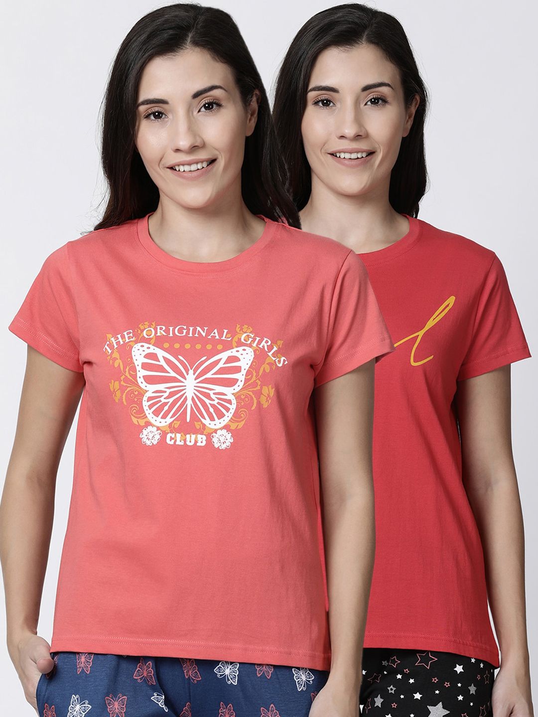 Kryptic Women Pack of 2 Red & Coral Pink Printed Lounge T-shirts Price in India