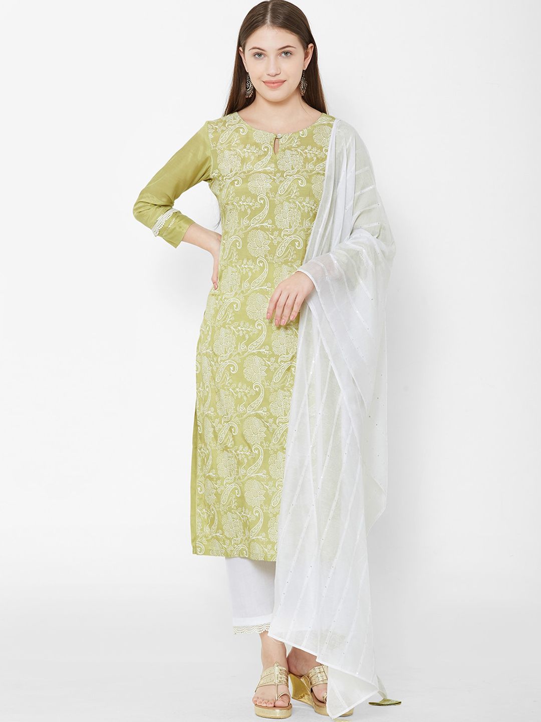 Os Women Green & White Printed Kurta with Trousers & Dupatta Price in India