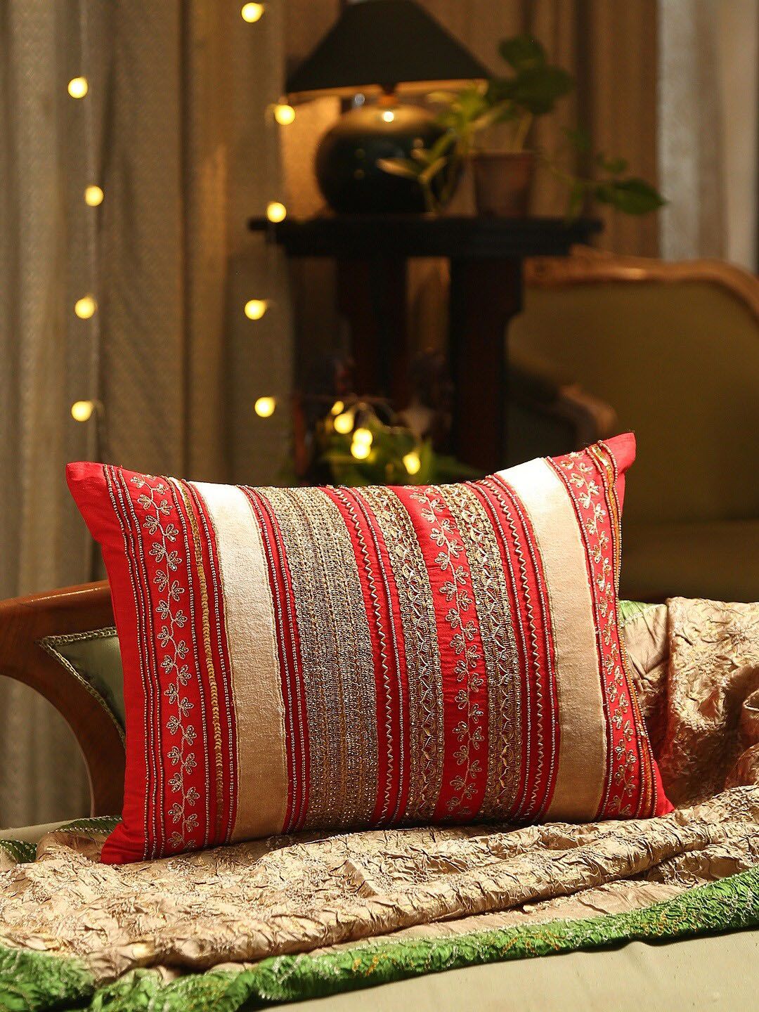 Amoliconcepts Red Embroidered Hand Beaded Cushion Cover Price in India