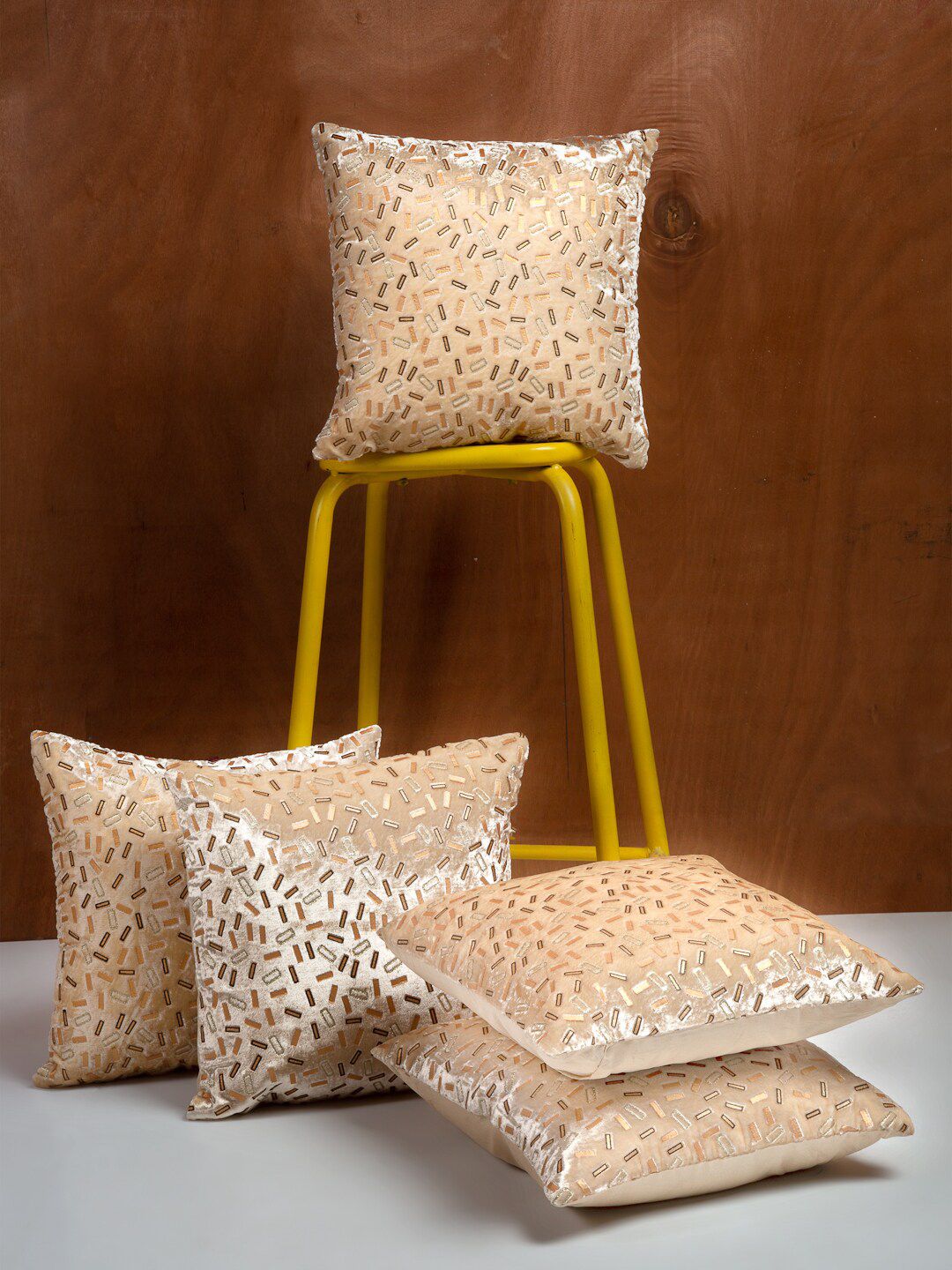 HOSTA HOMES Beige Set of 5 Geometric Square Cushion Covers Price in India