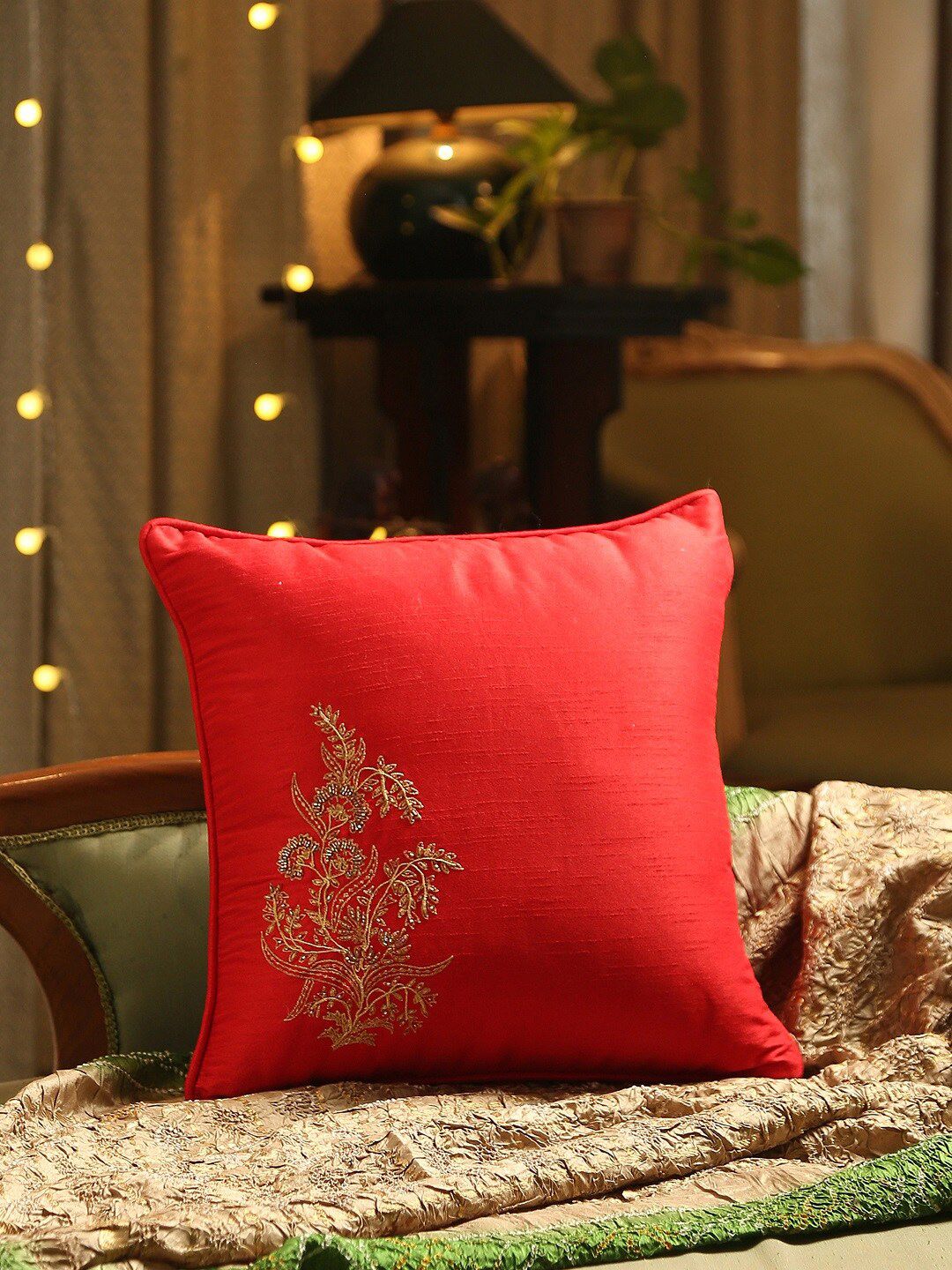 Amoliconcepts Red & Gold-Coloured Embroidered Beaded Cushion Cover Price in India