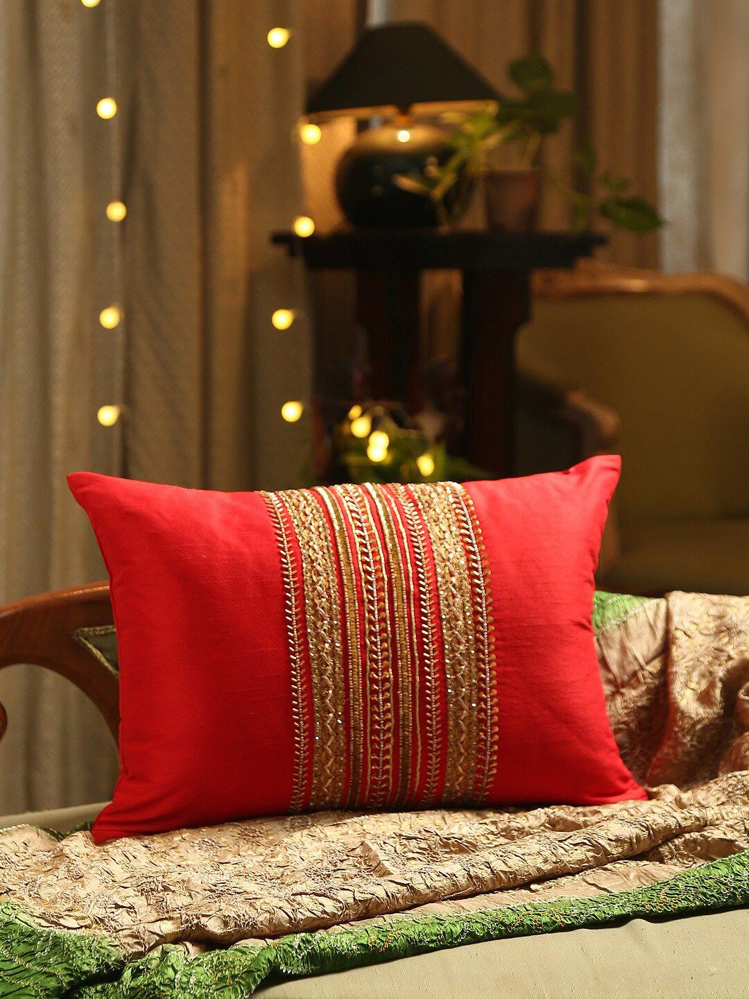 Amoliconcepts Gold Toned & Red Embroidered Rectangle Cushion Cover Price in India