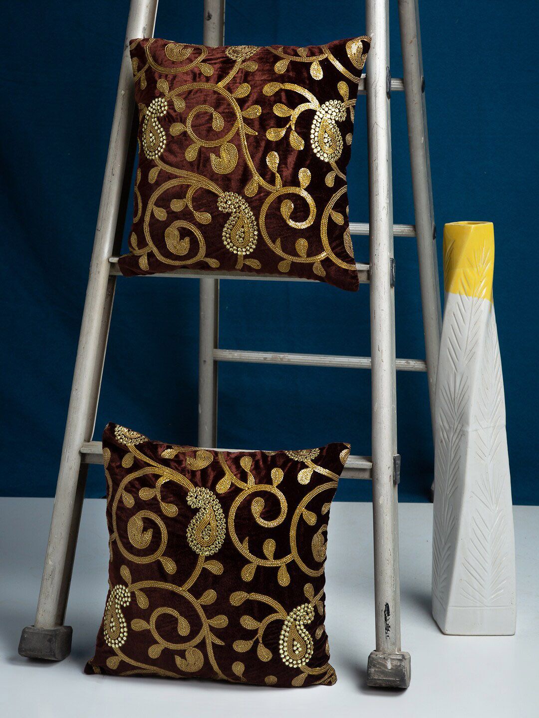 HOSTA HOMES Brown & Gold-Toned Set of 2 Ethnic Motifs Square Cushion Covers Price in India