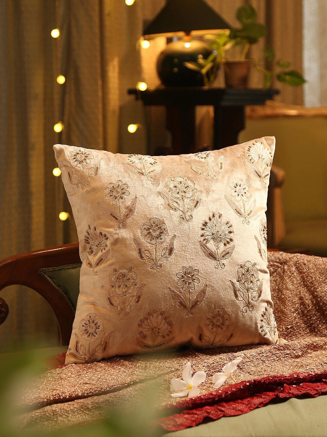 Amoliconcepts Beige Hand Embroidered Square Cushion Cover Price in India