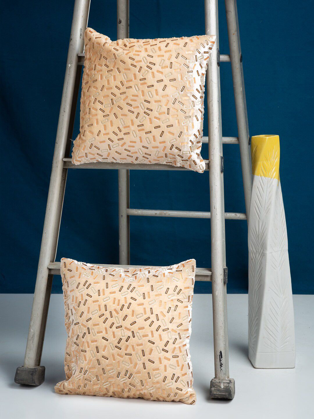 HOSTA HOMES Beige Set of 2 Geometric Velvet Square Cushion Covers Price in India