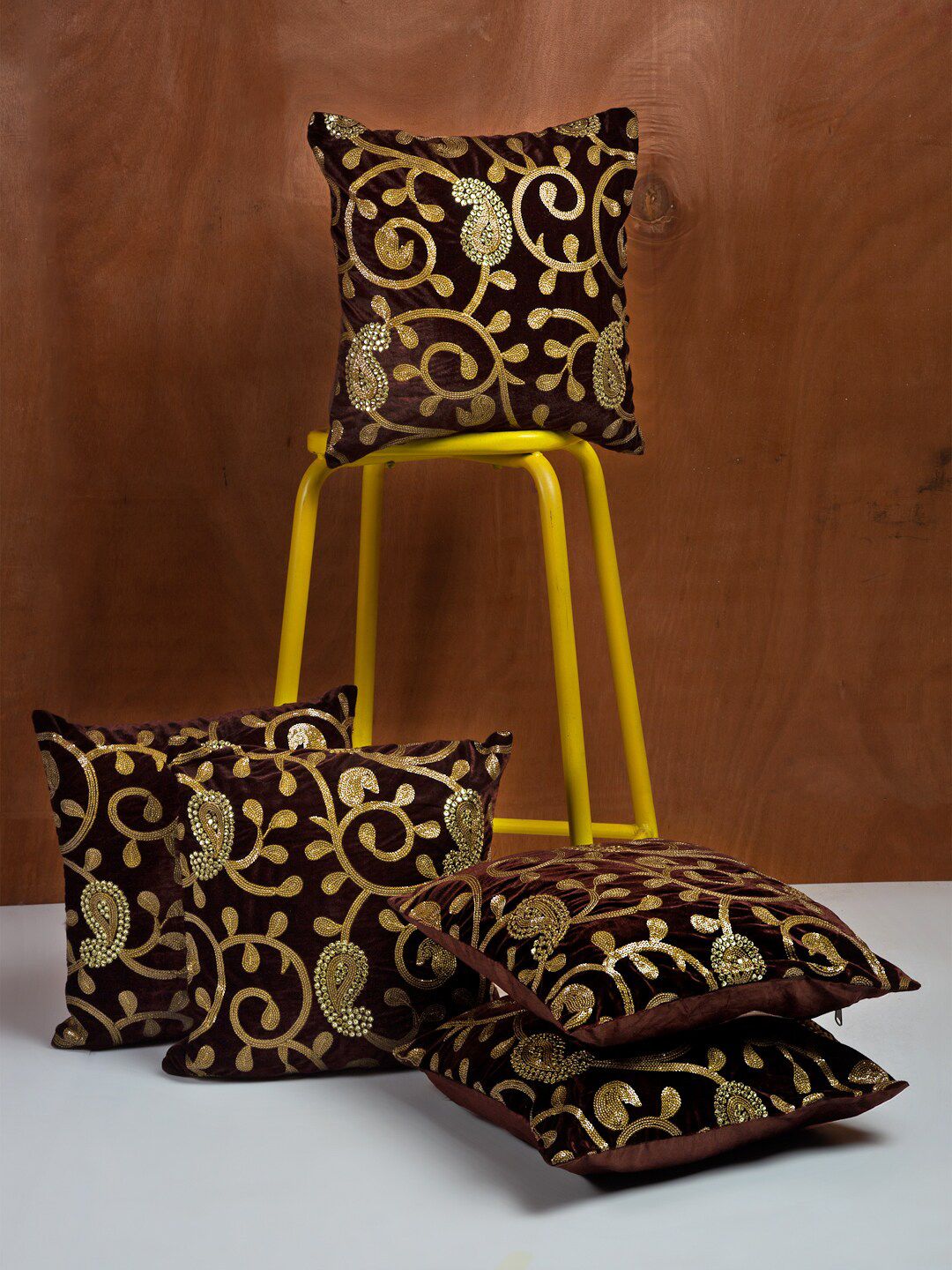 HOSTA HOMES Set of 5 Brown & Gold-Toned Ethnic Motifs Square Cushion Covers Price in India