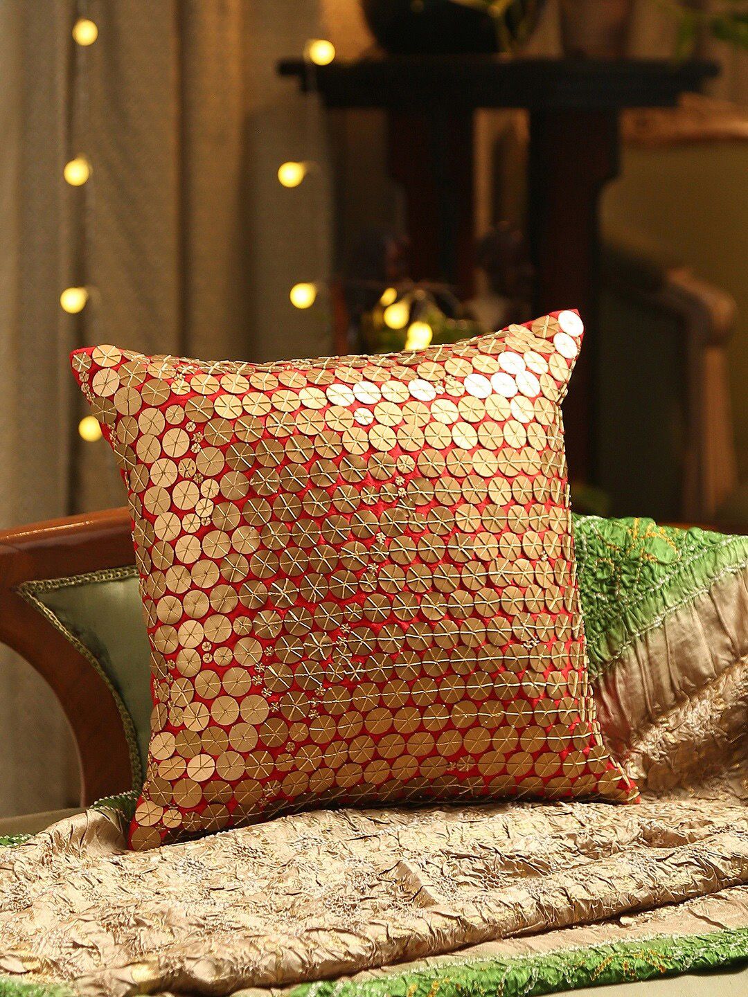 Amoliconcepts Red & Gold-Toned Exclusively Embellished Handcrafted Patra Work Cushion Cover Price in India