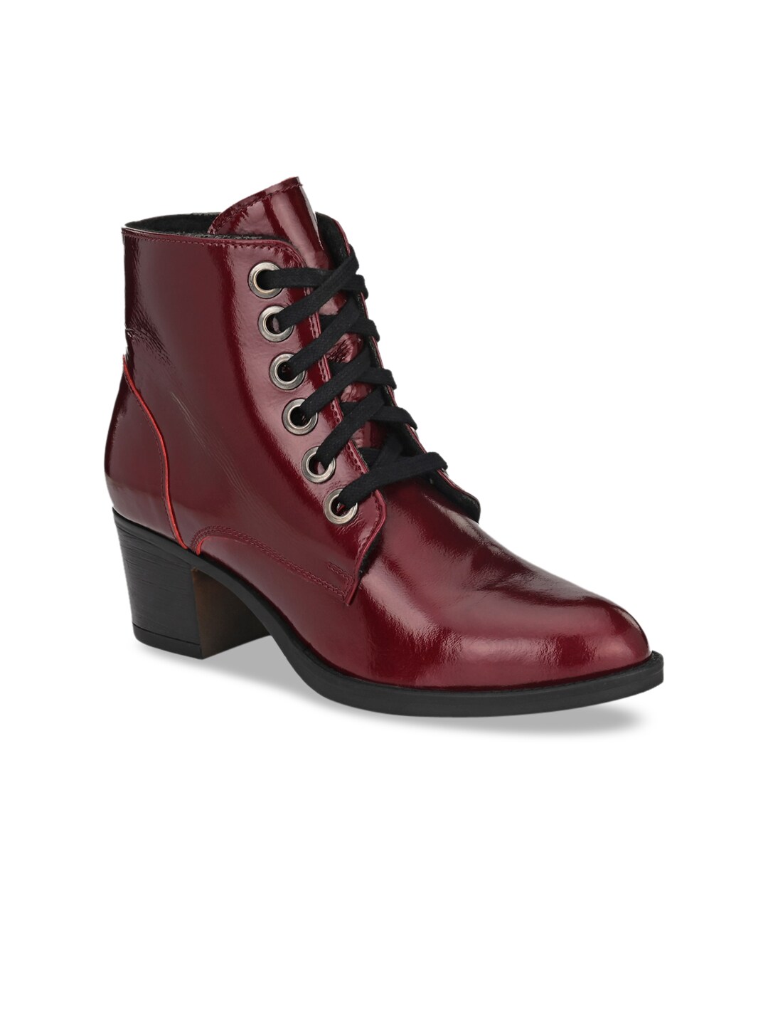 Delize Women Burgundy Solid Leather High-Top Block Heeled Boots Price in India