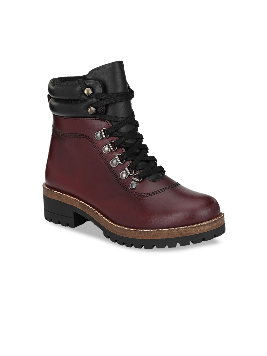 Delize Women Burgundy Solid Leather High-Top Flat Boots Price in India