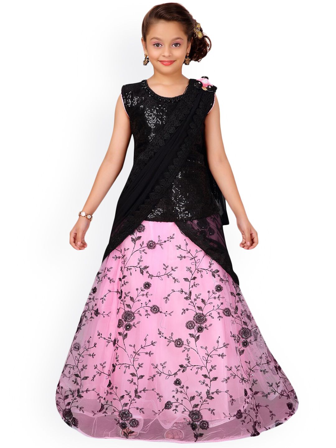 Aarika Girls Black & Pink Embellished Ready to Wear Lehenga & Blouse with Dupatta