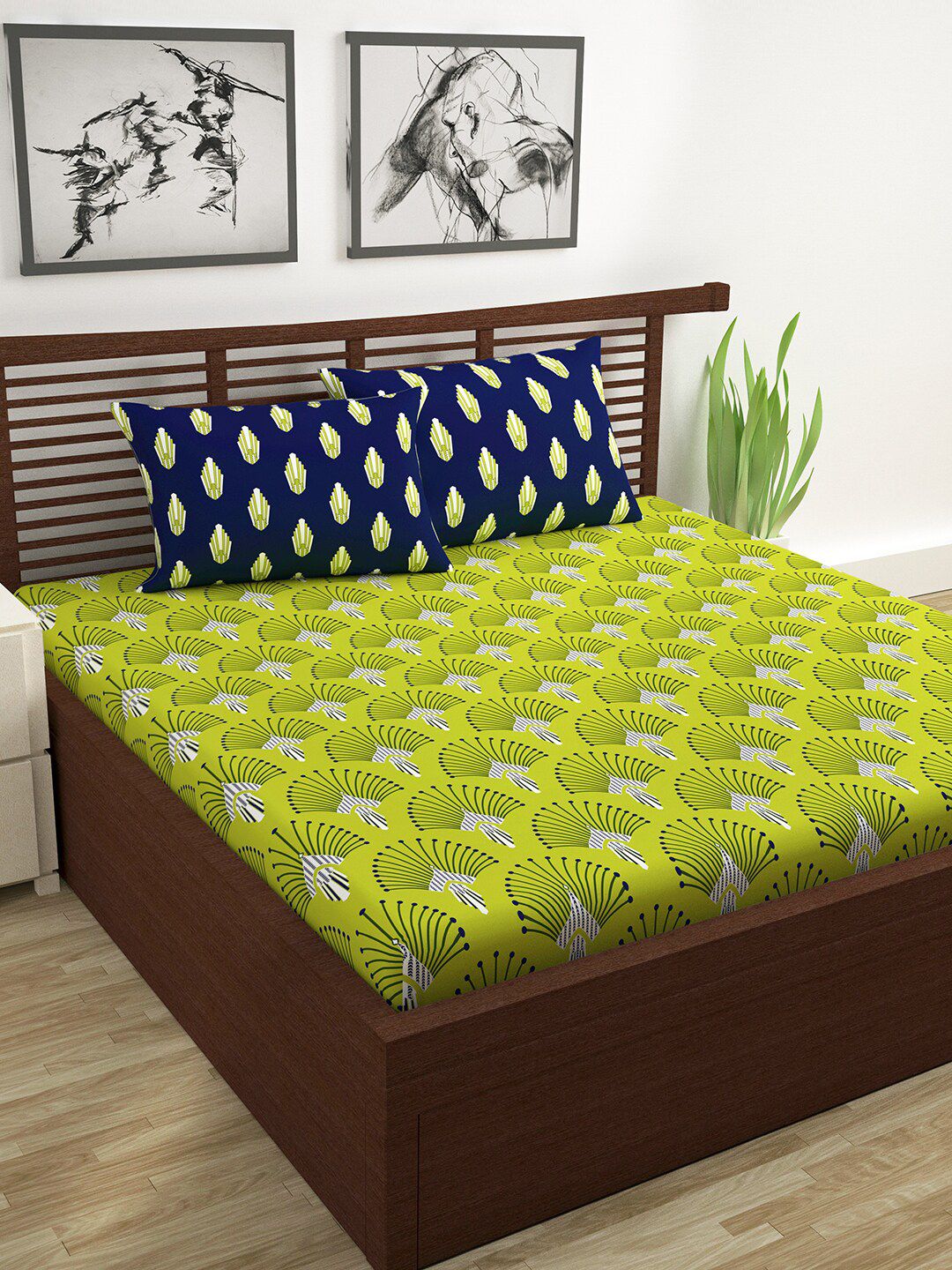 Divine Casa Green & Navy Blue Floral 144 TC Cotton 1 Queen Bedsheet with 2 Pillow Covers Price in India
