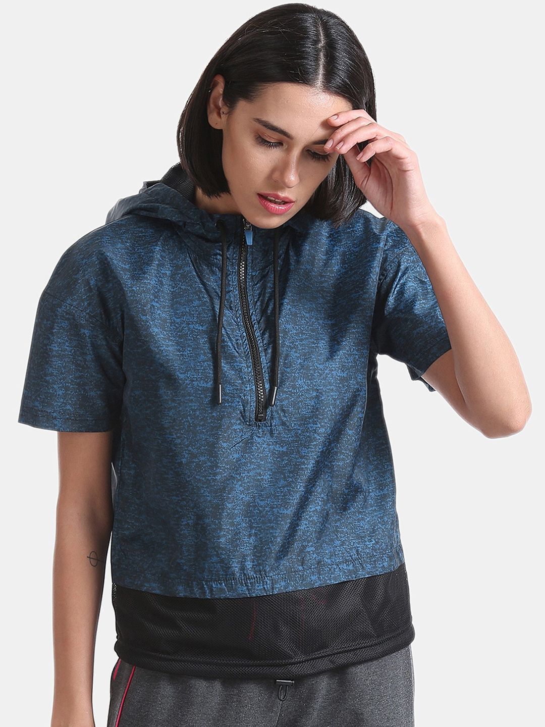 Sugr Women Blue & Black Printed Hooded Sweatshirt Price in India